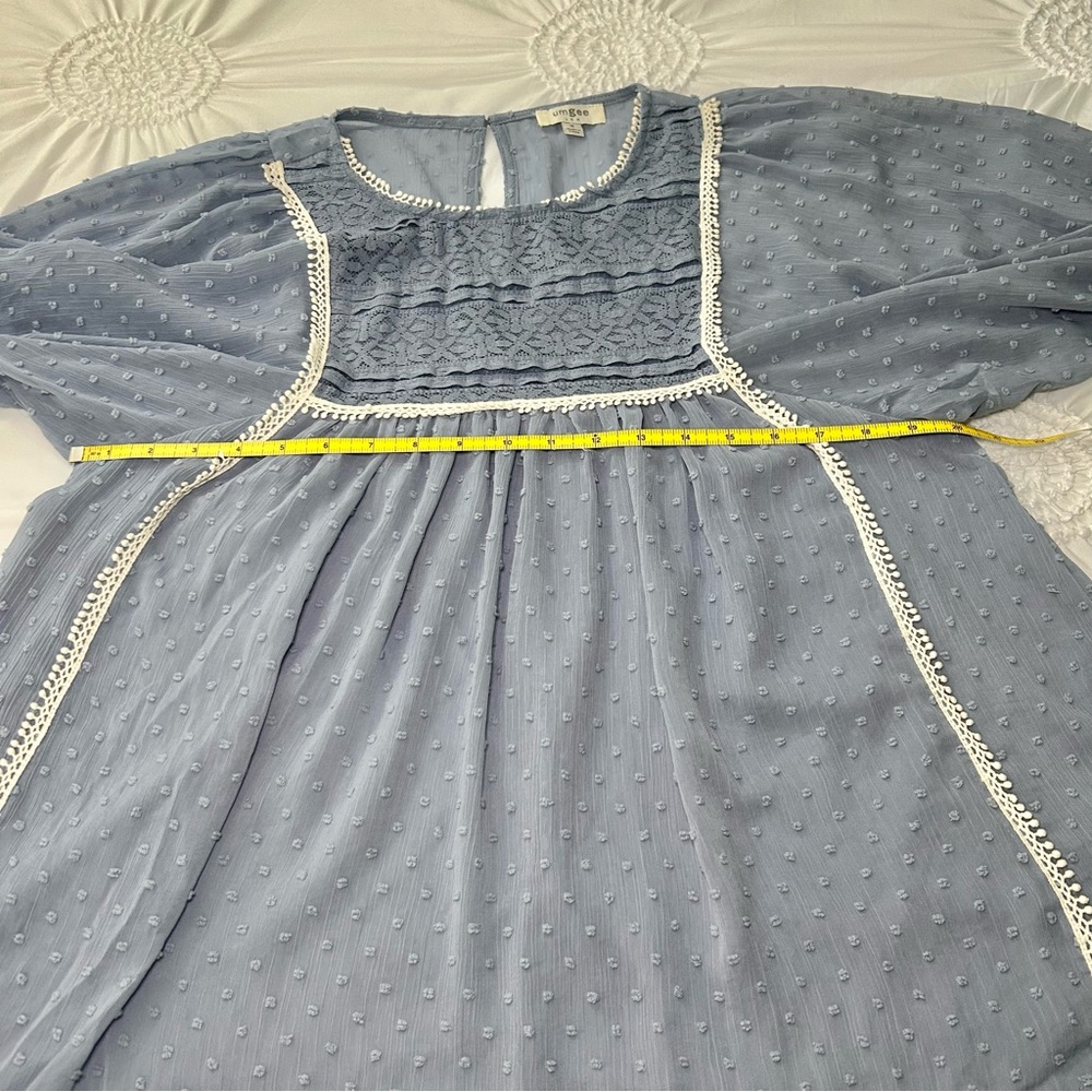 Umgee Blue Sheer Swiss Dot Lace Trim Balloon Sleeve Cottagecore Blouse Sz Medium - Picture 13 of 16